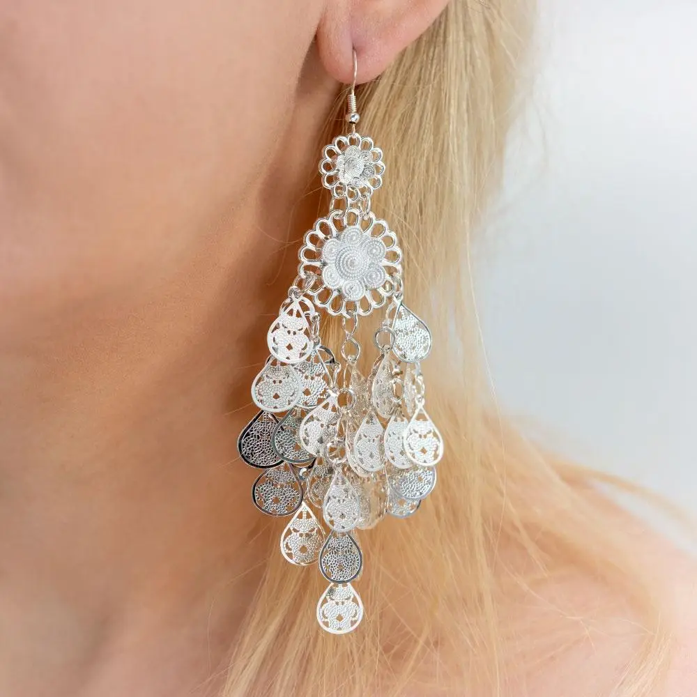Long silver-plated Miao earrings